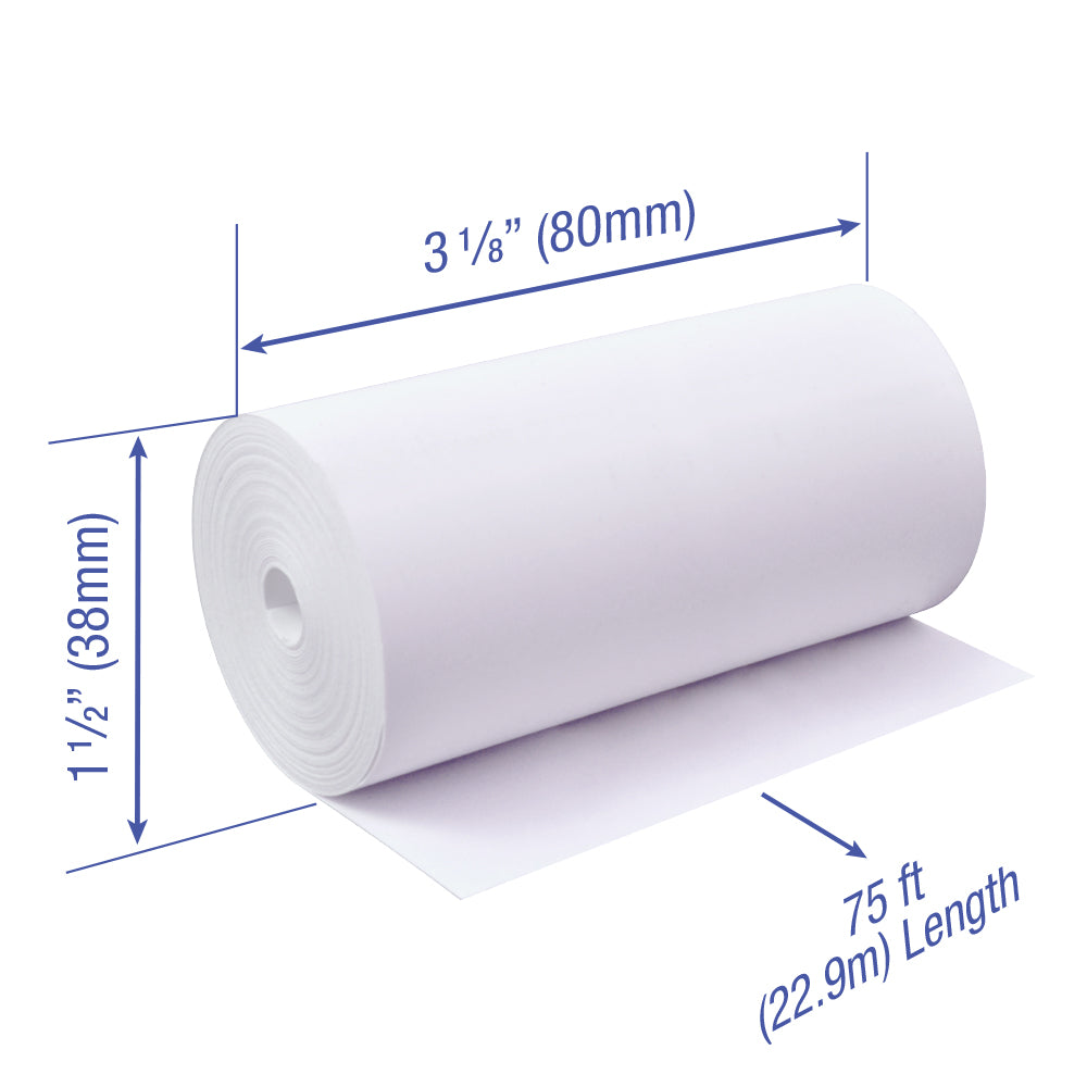 3 1/8 Coreless thermal paper rolls from 1 inch to 2 inch diameter 40 ft to 125 ft