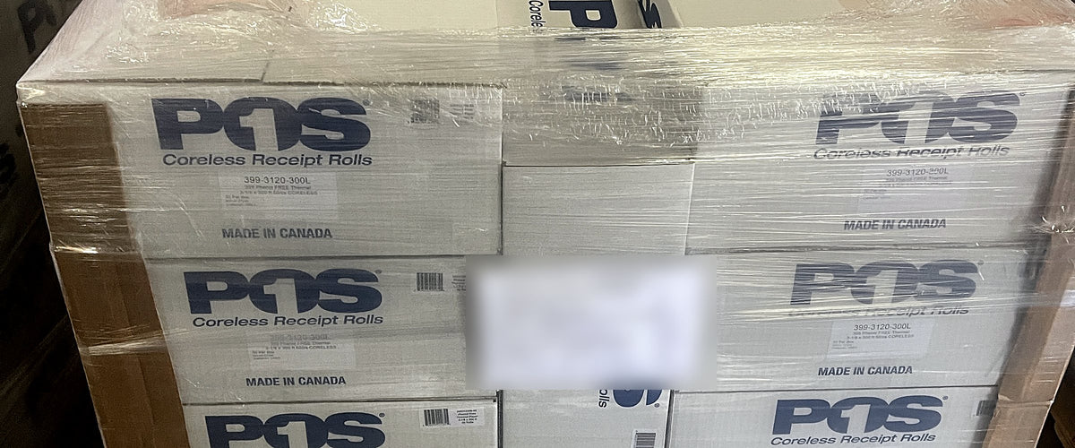 Pallet of POS1 coreless receipt roll cases