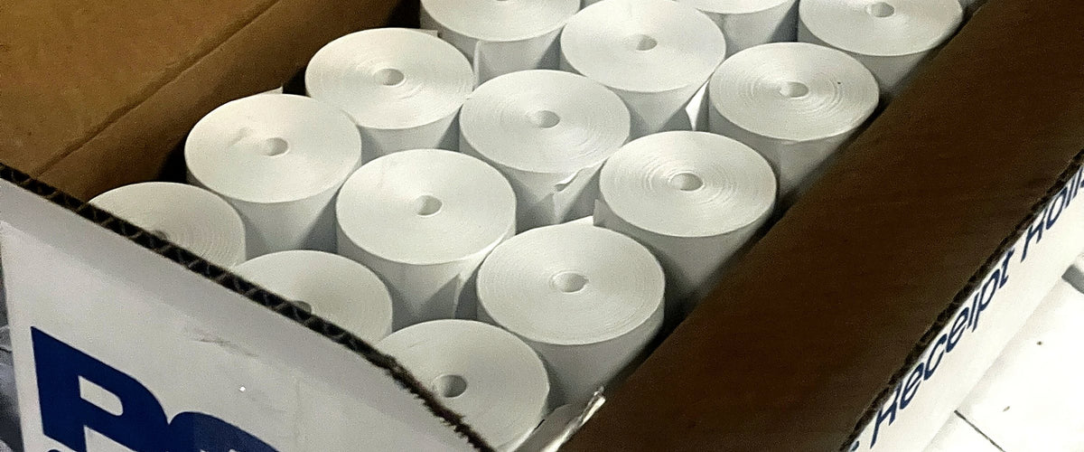 Open case of POS1 coreless thermal paper rolls