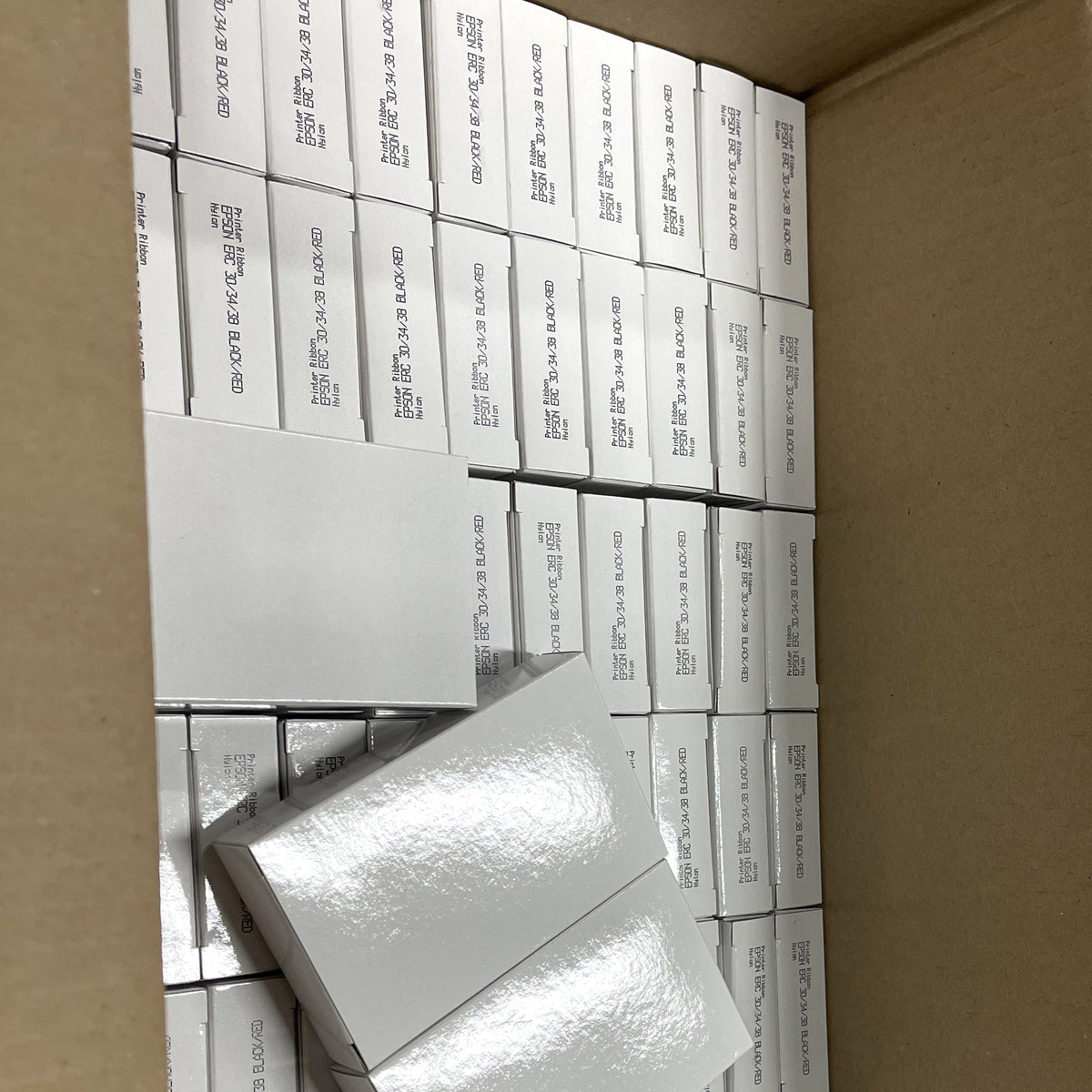 Case of Epson ERC 30/34/38 compatible black/red printer ribbons, individually boxed
