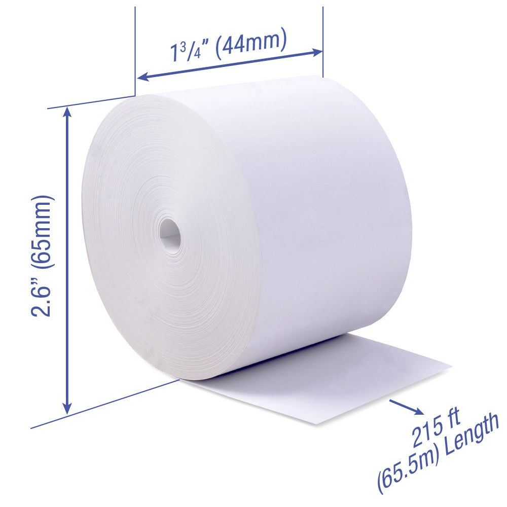 1 3/4 inch x 215 ft coreless thermal paper roll with dimensions