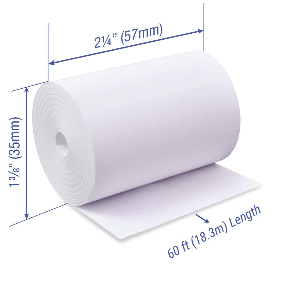 2 1/4 inch x 60 ft coreless thermal paper roll, 35mm diameter, with dimensions