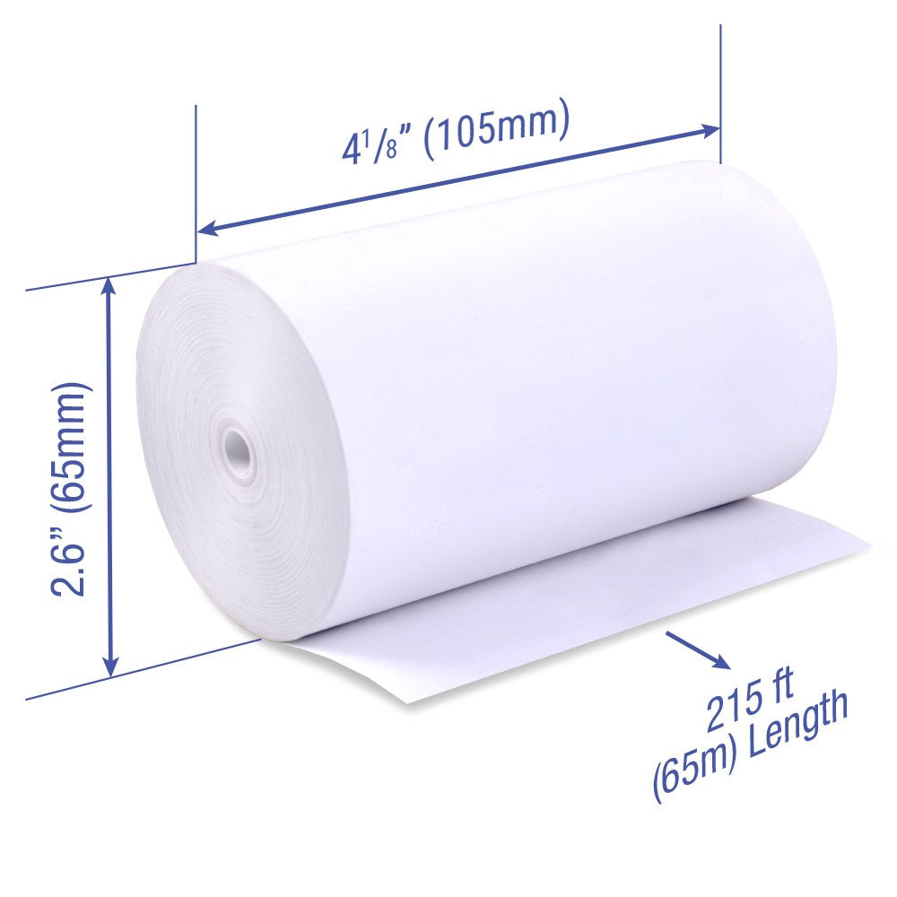4 1/8 inch x 215 ft coreless thermal paper roll with dimensions