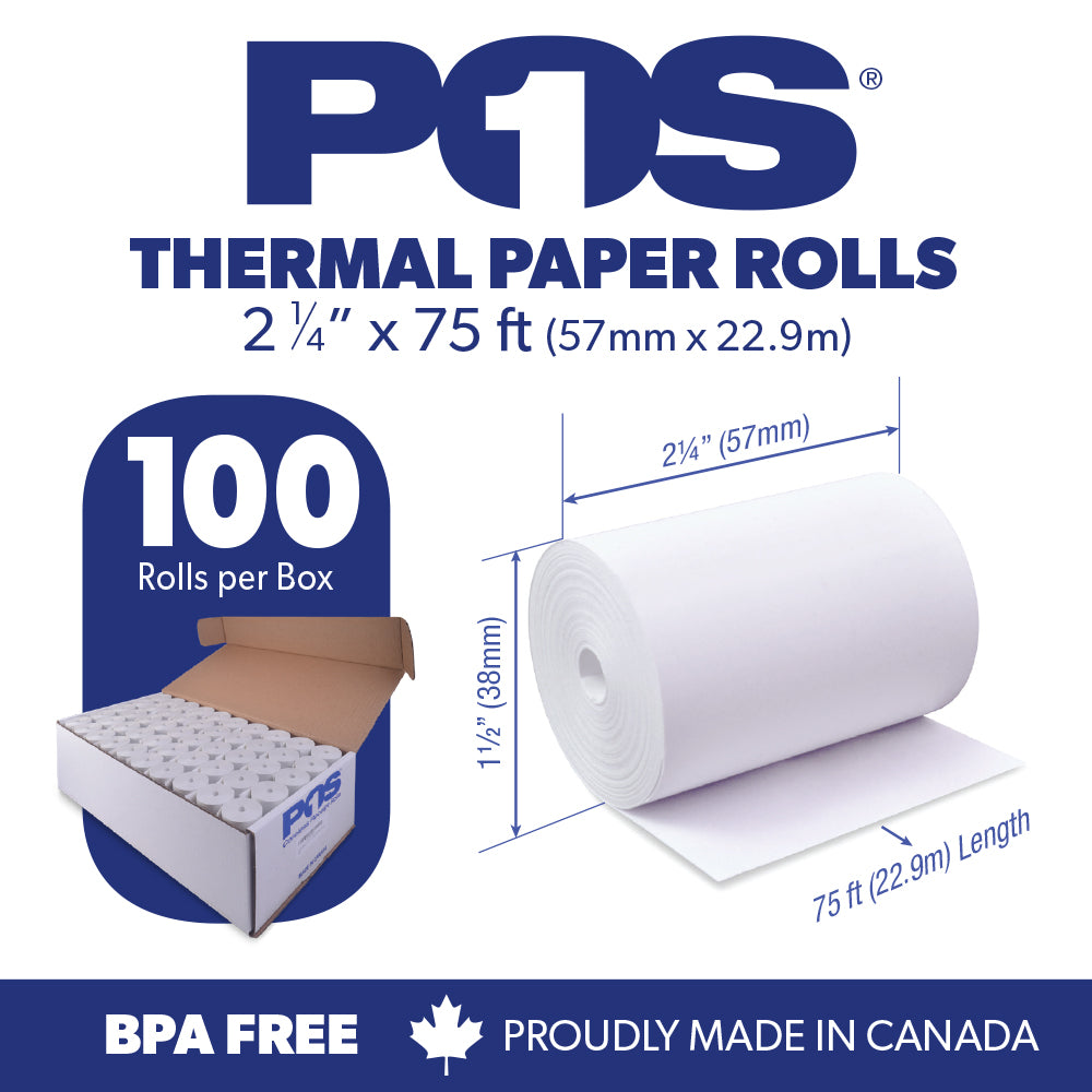 Thermal Paper 2 1/4 x 75 ft x 38mm CORELESS BPA Free BPS Free 100 rolls