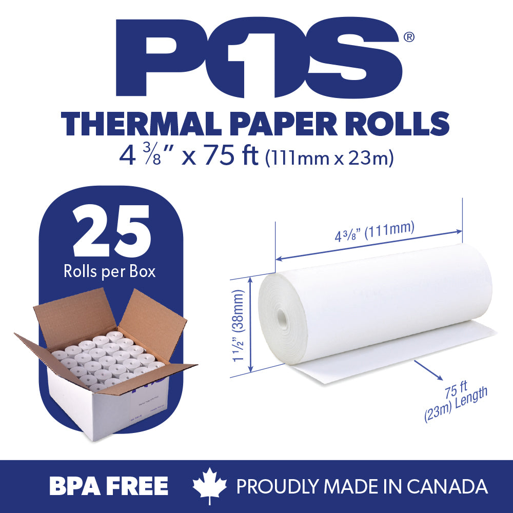 Thermal Paper 4 3/8 x 75 ft x 38mm CORELESS BPA Free 25 rolls