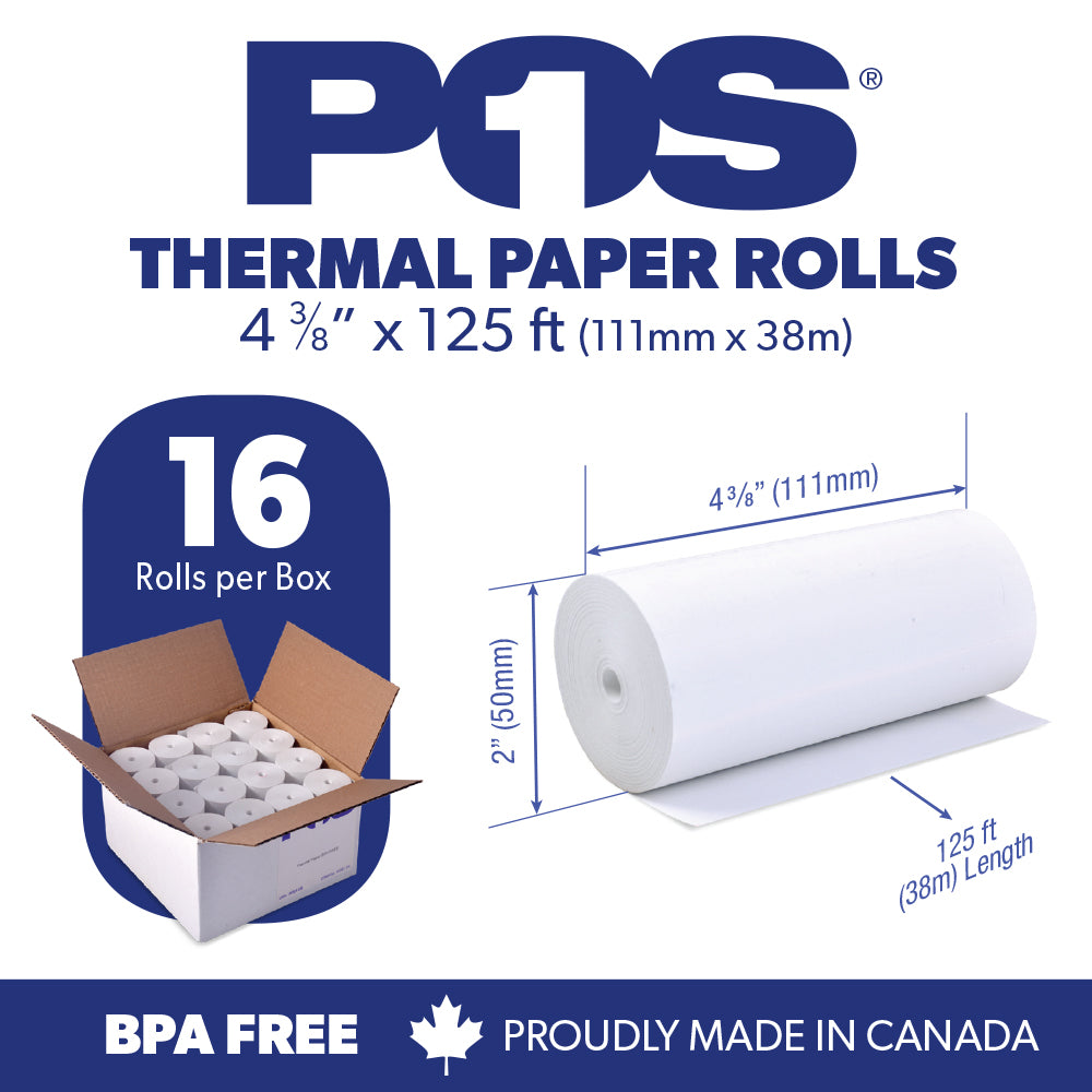 Thermal Paper 4 3/8 x 125 ft x 50mm CORELESS BPA Free 16 rolls