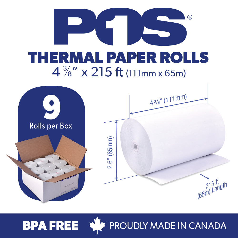 Thermal Paper 4 3/8 x 215 ft x 65mm CORELESS BPA Free 9 rolls